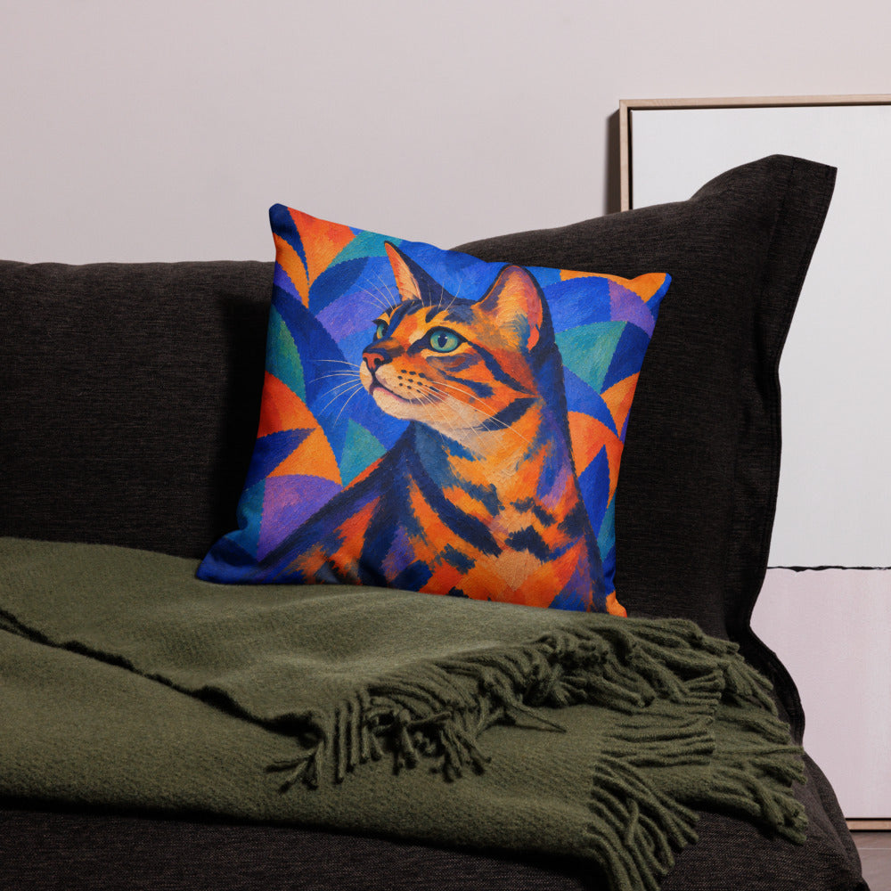 Custom cat portrait pillow, Expressionism style, square, on a sofa