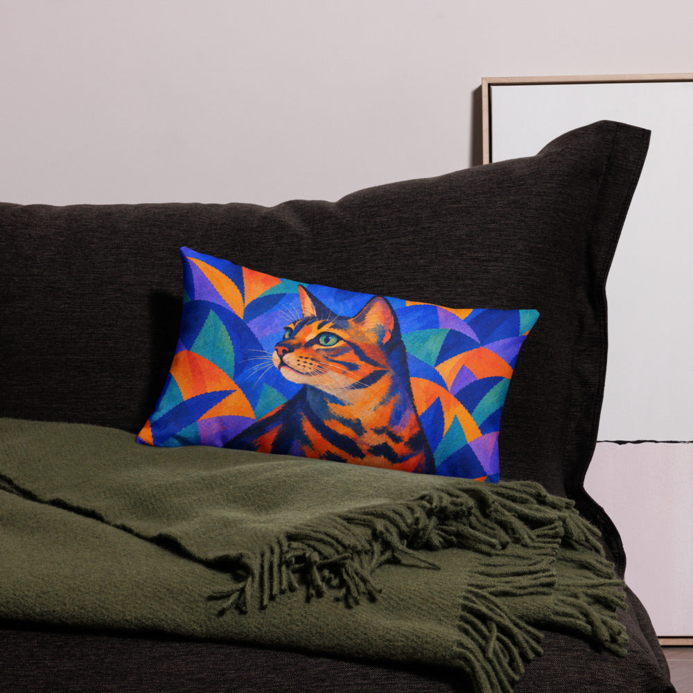 Custom cat portrait lumbar pillow, Expressionism style, 20" x 12", on a sofa