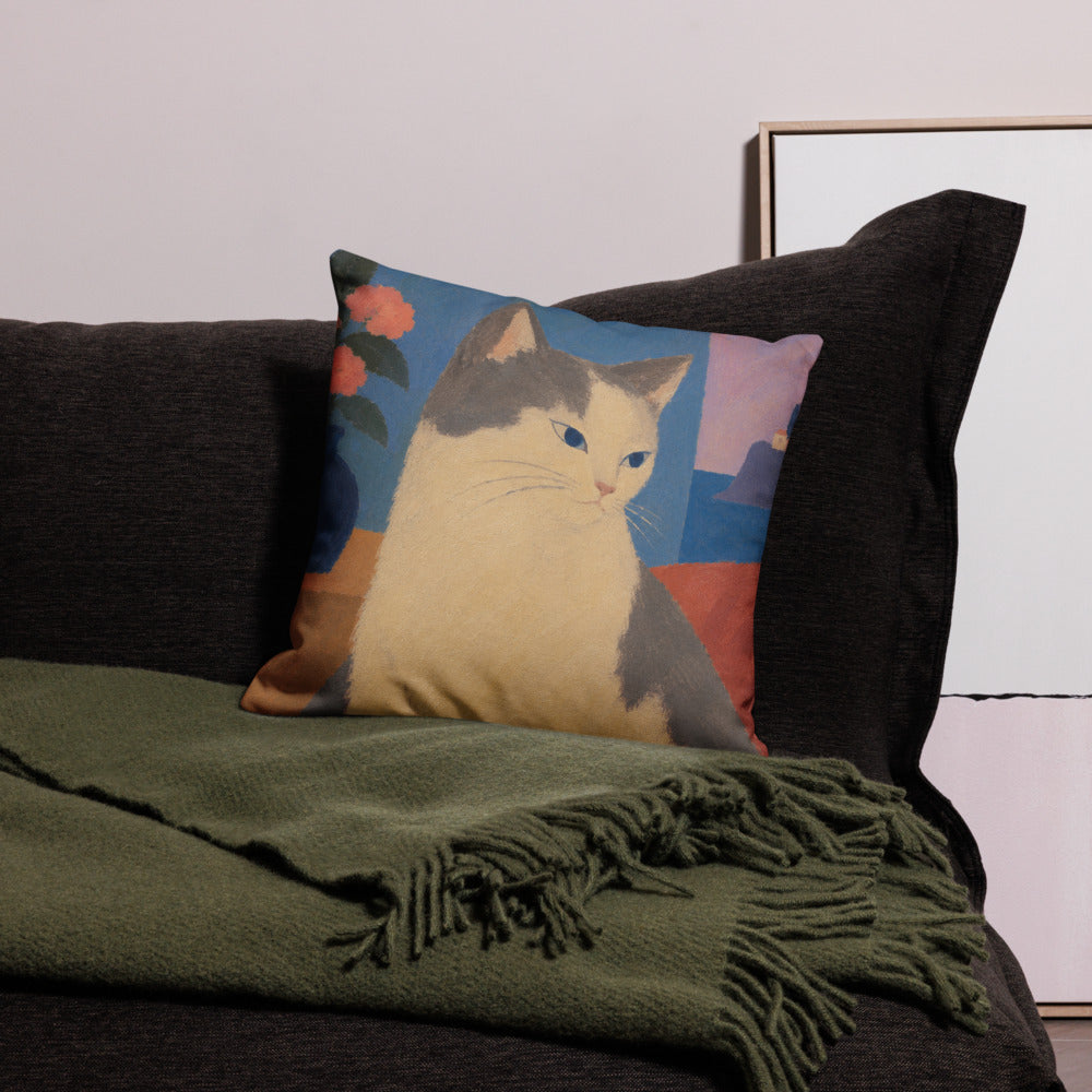 Custom cat portrait pillow, Modern Minimalism style, square, on a sofa