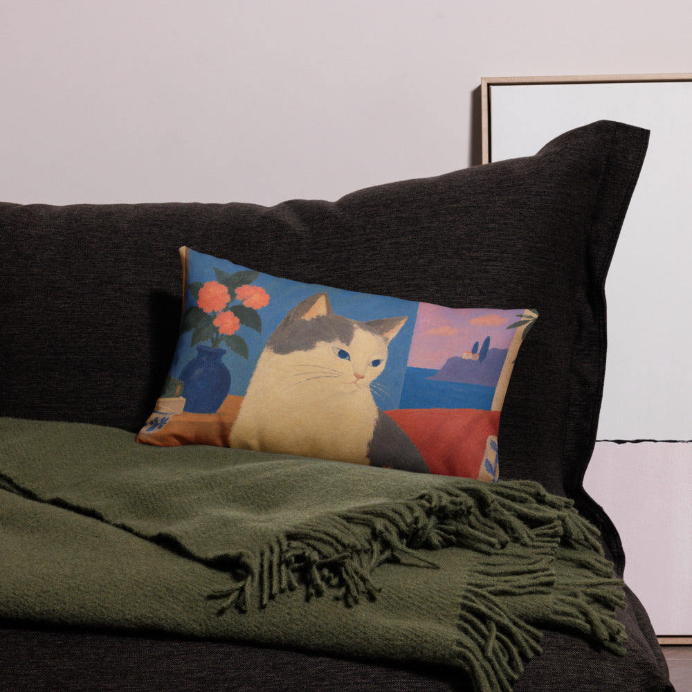 Custom cat portrait lumbar pillow, Modern Minimalism style, 20" x 12", on a sofa