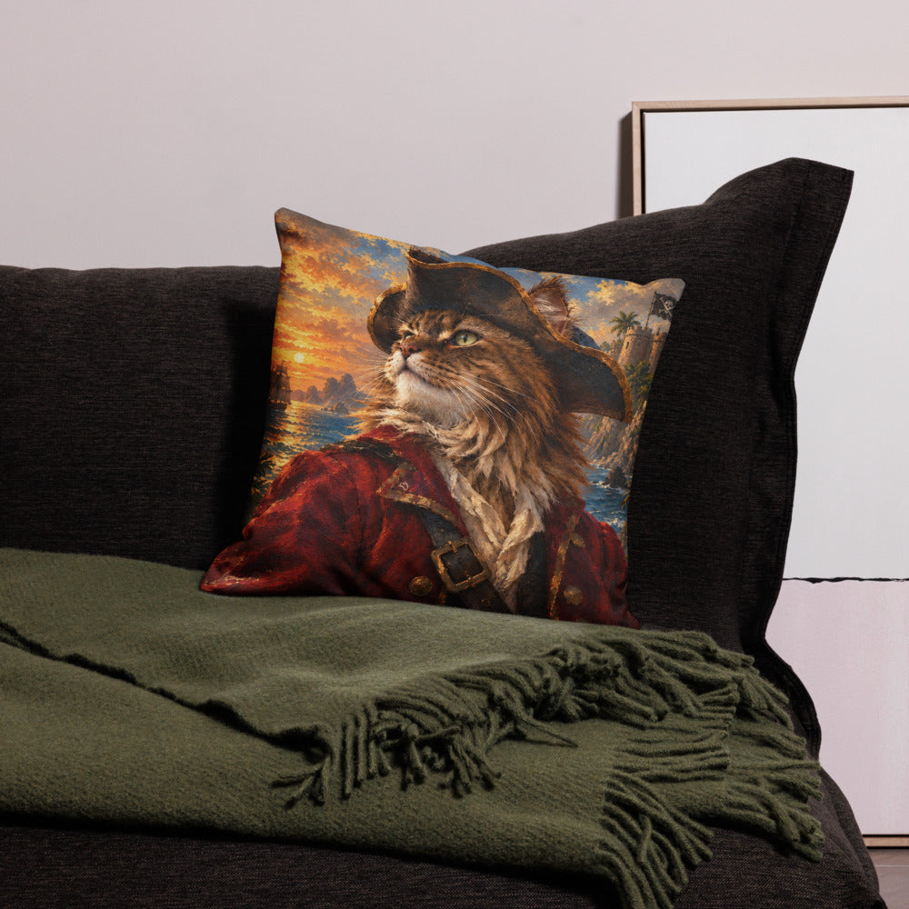 Custom cat portrait pillow, Pirate style, square, on a sofa