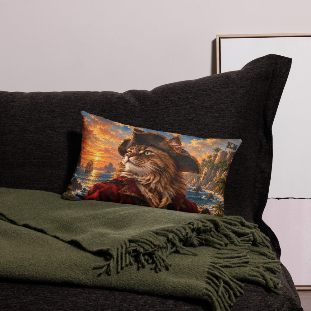 Custom cat portrait lumbar pillow, Pirate style, 20" x 12", on a sofa