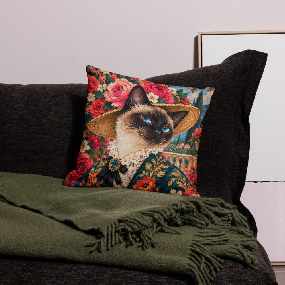 Custom cat portrait pillow, Pop Art style, square, on a sofa