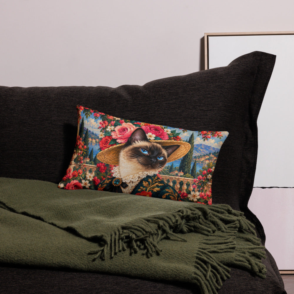 Custom cat portrait lumbar pillow, Pop Art style, 20" x 12", on a sofa