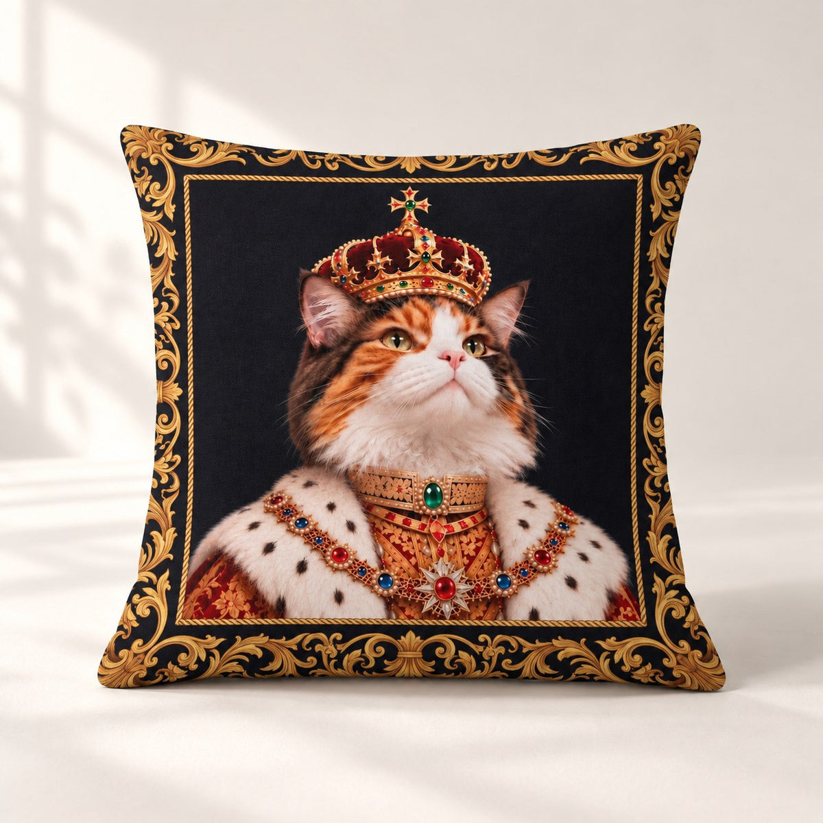 Custom cat portrait pillow, Royal style, Baroque Border, square, front