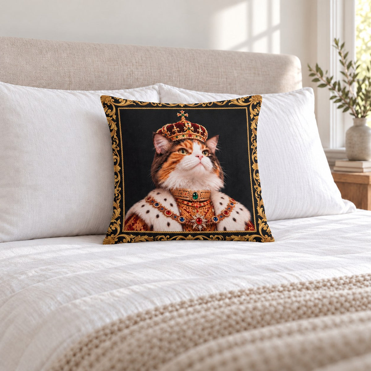 Custom cat portrait pillow, Royal style, Baroque Border, square, on a bed