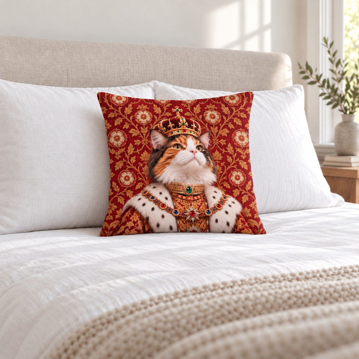 Custom cat portrait pillow, Royal style, Classic, square, on a bed