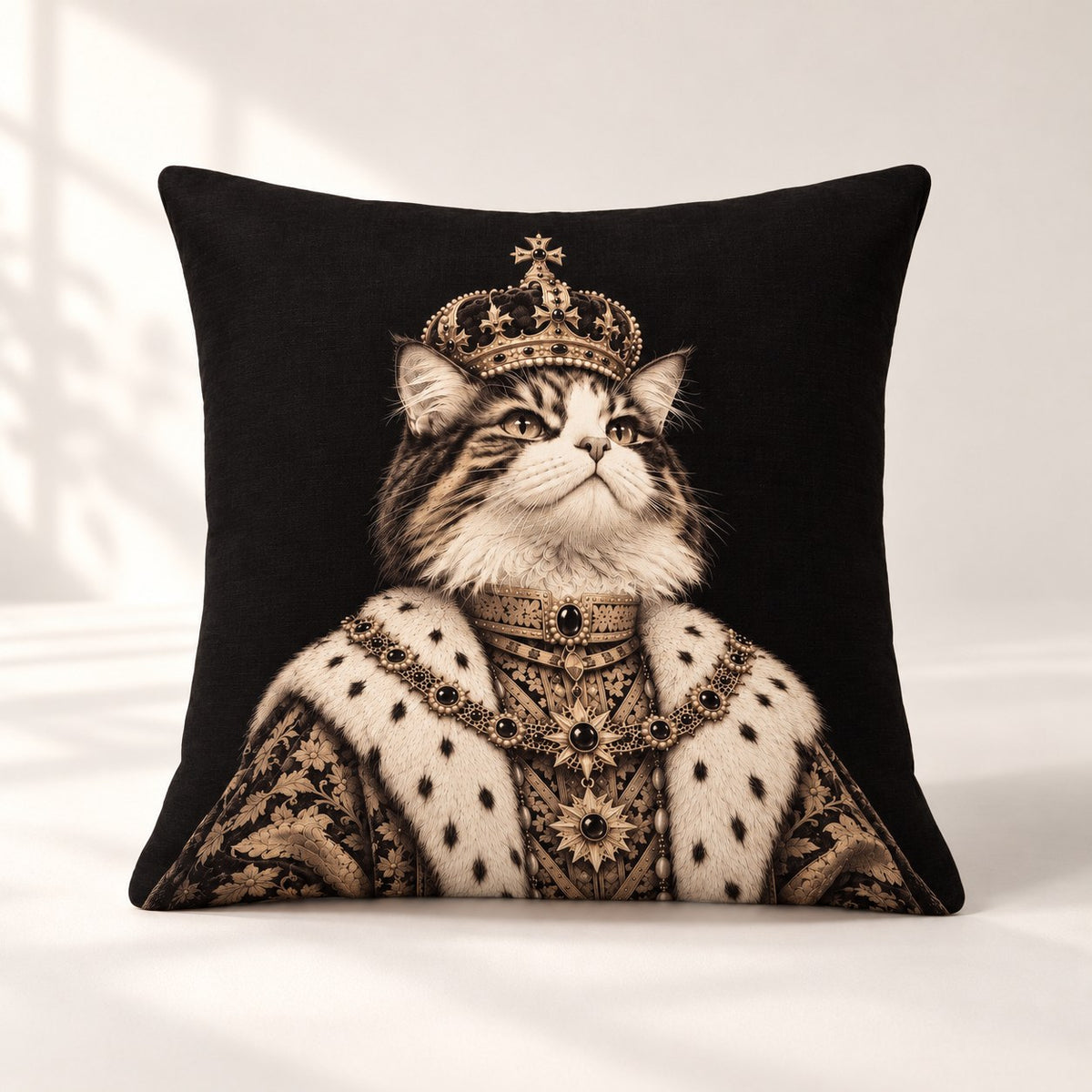 Custom cat portrait pillow, Royal style, Engraving, square, front