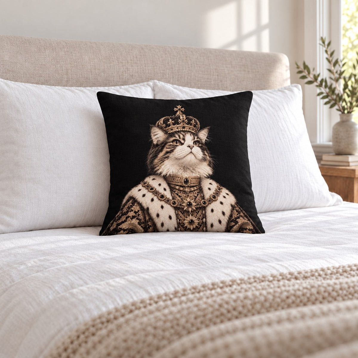 Custom cat portrait pillow, Royal style, Engraving, square, on a bed