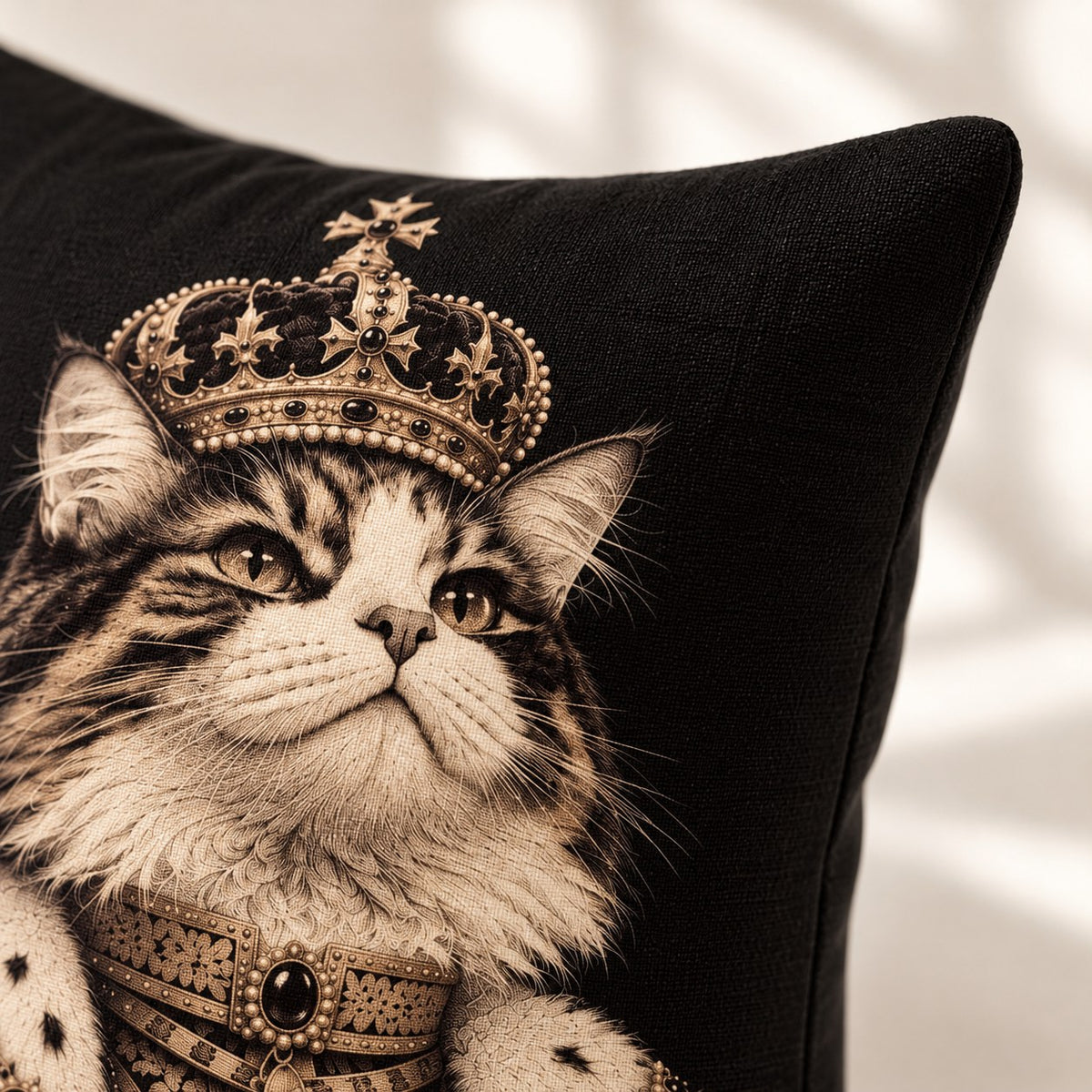 Custom cat portrait pillow, Royal style, Engraving, square, fabric close-up