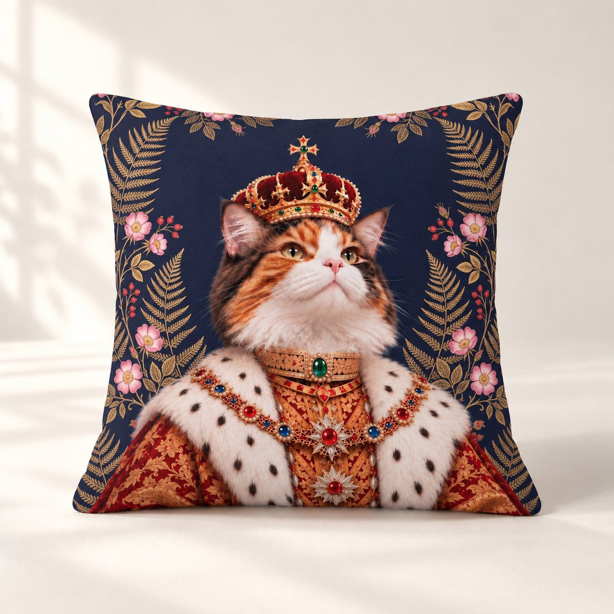 Custom cat portrait pillow, Royal style, Midnight Botanical, square, front