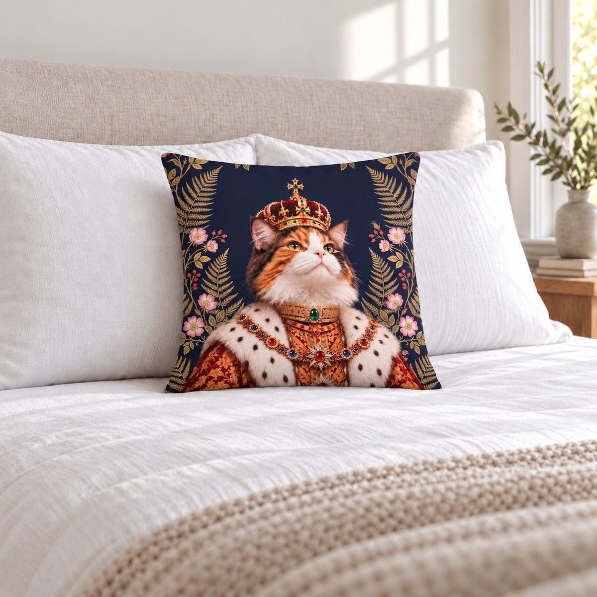Custom cat portrait pillow, Royal style, Midnight Botanical, square, on a bed