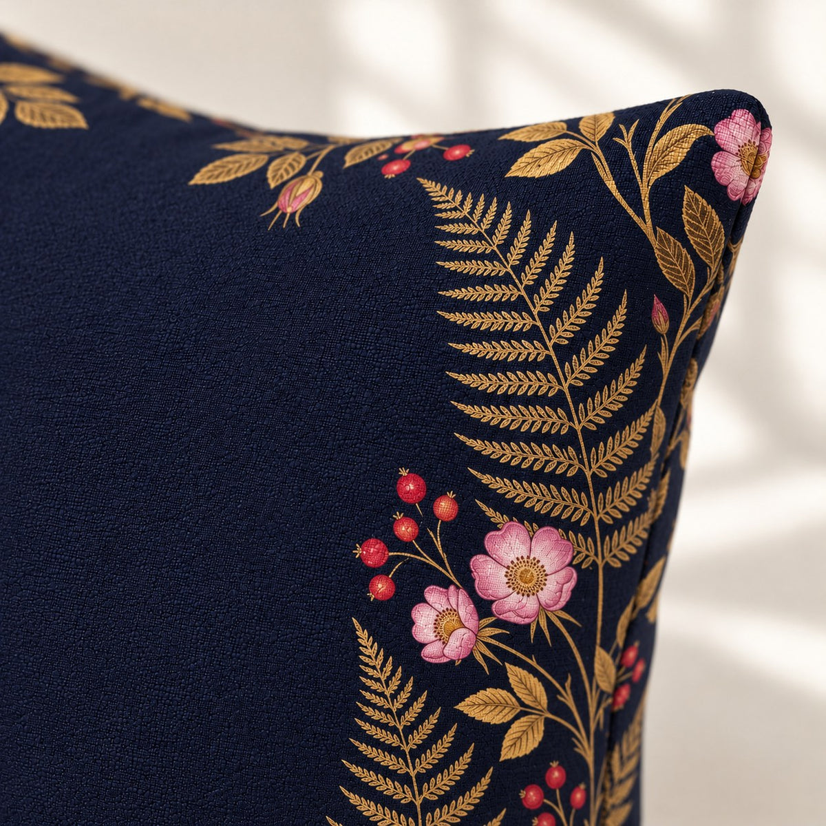 Custom cat portrait pillow, Royal style, Midnight Botanical, square, fabric close-up
