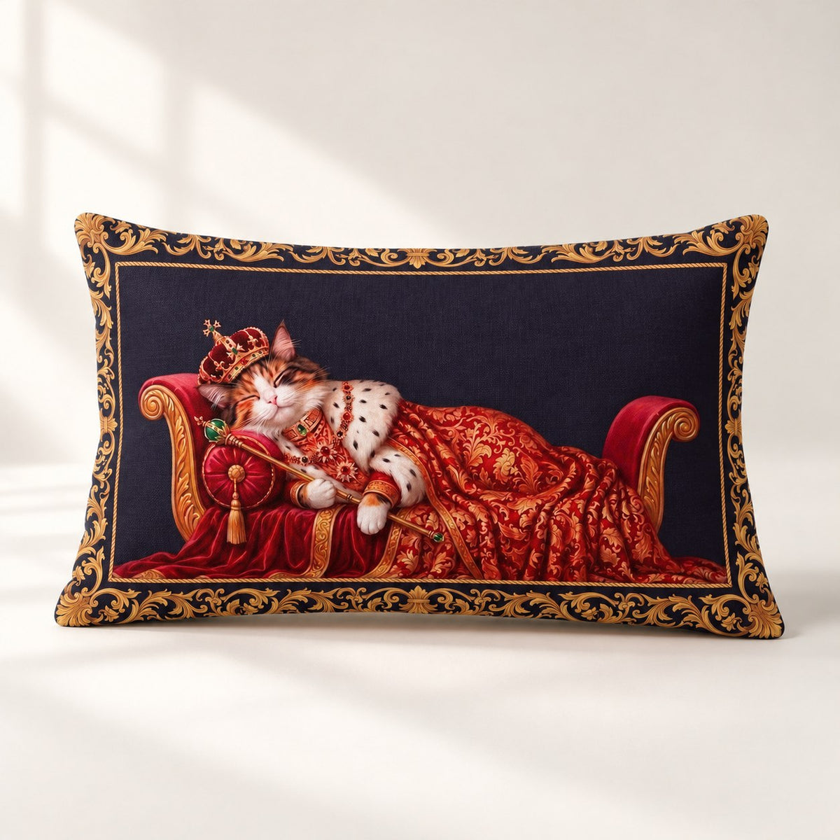 Custom cat portrait lumbar pillow, Royal style, Baroque Border, 20" x 12", lumbar, front