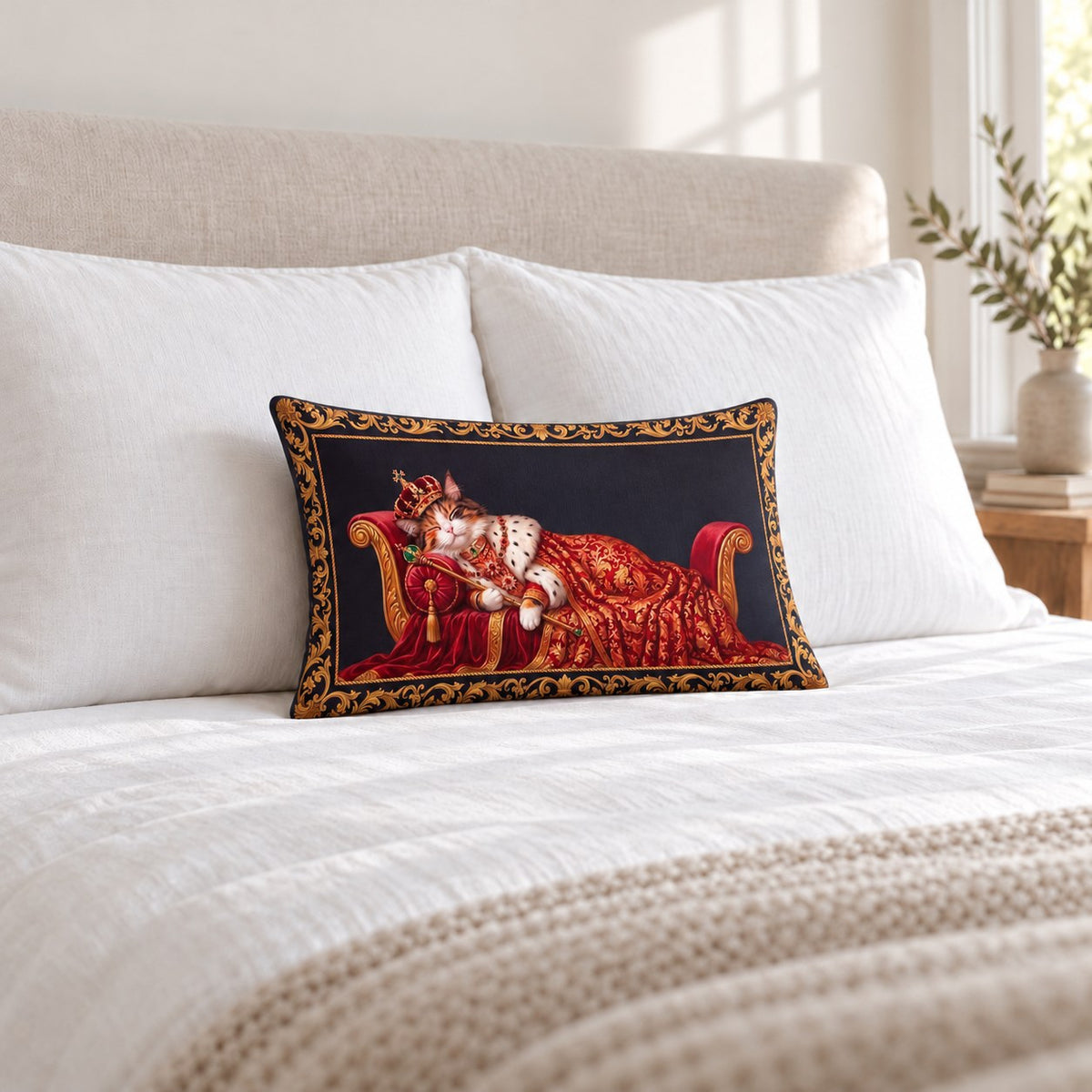Custom cat portrait lumbar pillow, Royal style, Baroque Border, 20" x 12", lumbar, on a bed