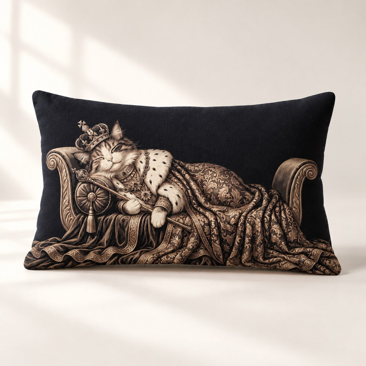 Custom cat portrait lumbar pillow, Royal style, Engraving, 20" x 12", lumbar, front
