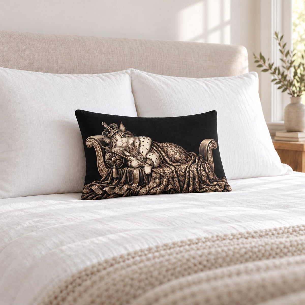 Custom cat portrait lumbar pillow, Royal style, Engraving, 20" x 12", lumbar, on a bed