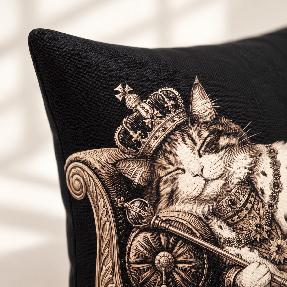 Custom cat portrait lumbar pillow, Royal style, Engraving, 20" x 12", lumbar, fabric close-up