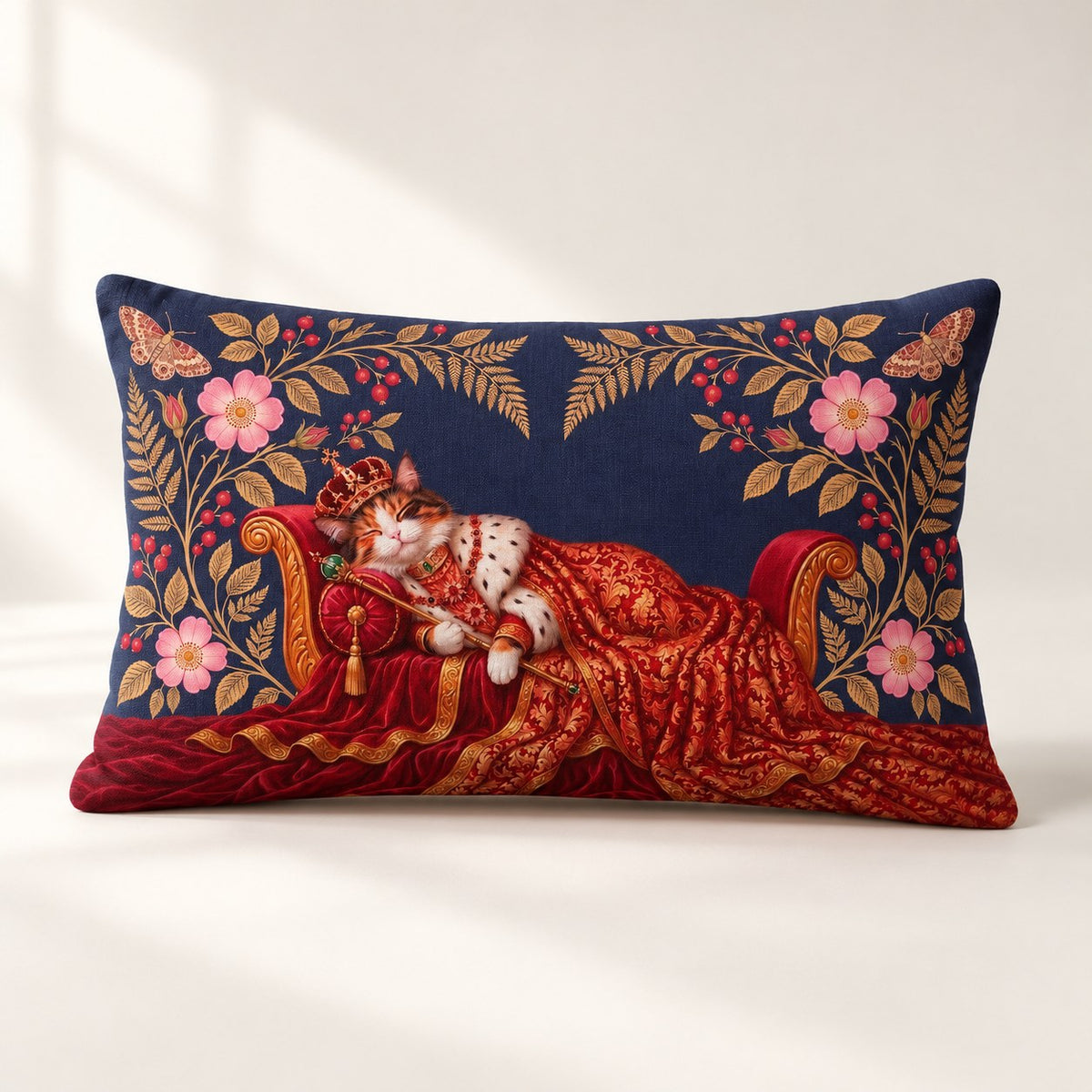 Custom cat portrait lumbar pillow, Royal style, Midnight Botanical, 20" x 12", lumbar, front