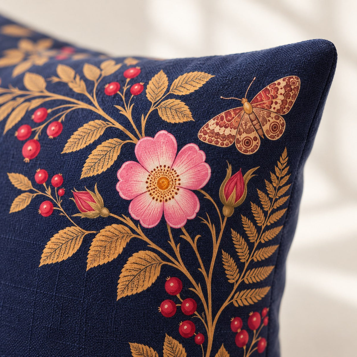 Custom cat portrait lumbar pillow, Royal style, Midnight Botanical, 20" x 12", lumbar, fabric close-up