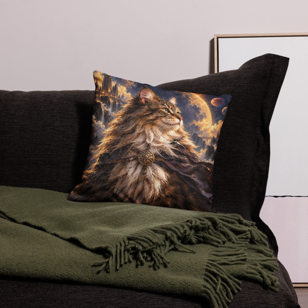 Custom cat portrait pillow, Sci-Fi Fantasy style, square, on a sofa