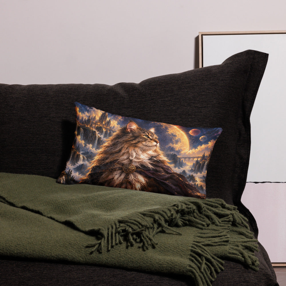 Custom cat portrait lumbar pillow, Sci-Fi Fantasy style, 20" x 12", on a sofa