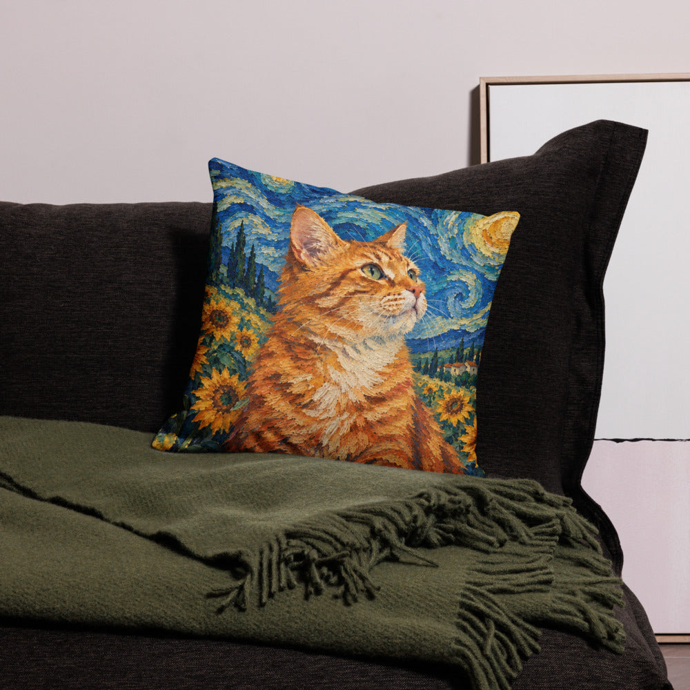 Custom cat portrait pillow, Van Gogh style, square, on a sofa