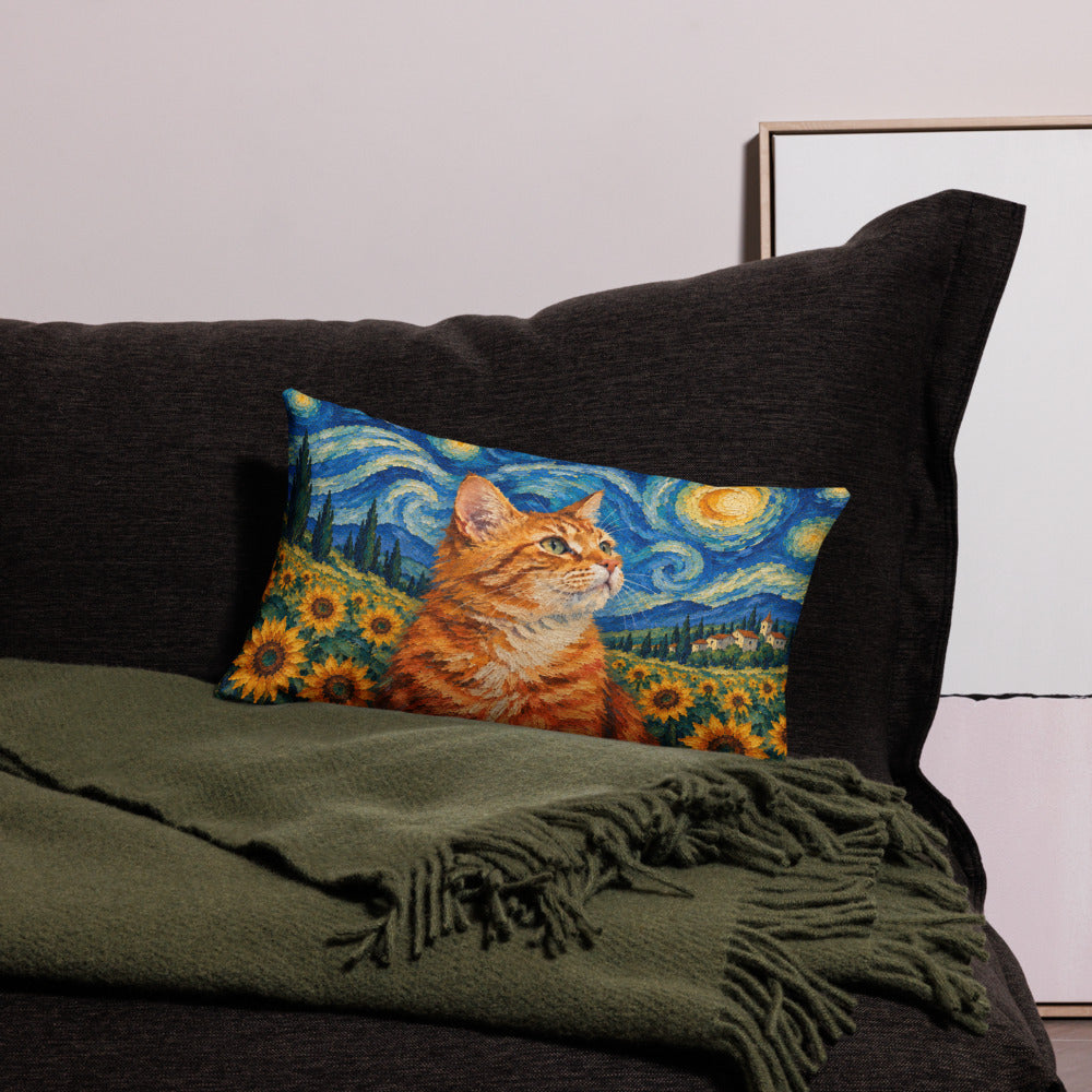 Custom cat portrait lumbar pillow, Van Gogh style, 20" x 12", on a sofa