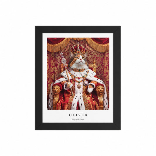 Custom cat portrait poster, Royal style, 8" x 10", Black frame, name border, front