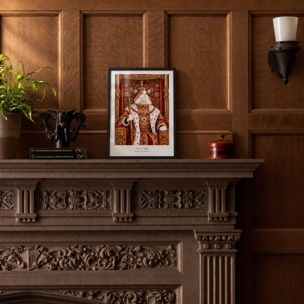 Custom cat portrait poster, Royal style, 12" x 16", Black frame, on a mantel at true size