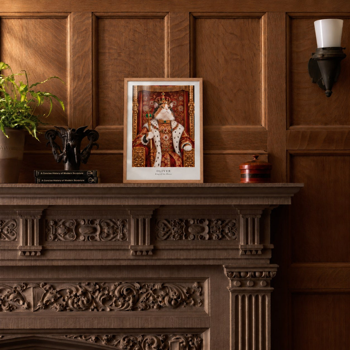 Custom cat portrait poster, Royal style, 12" x 16", Oak frame, on a mantel at true size