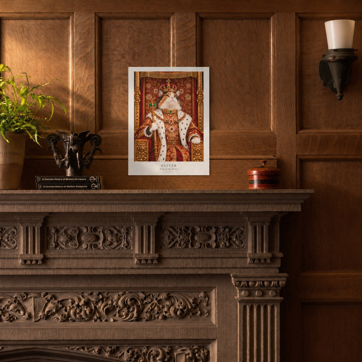 Custom cat portrait poster, Royal style, 12" x 16", Unframed, on a mantel at true size