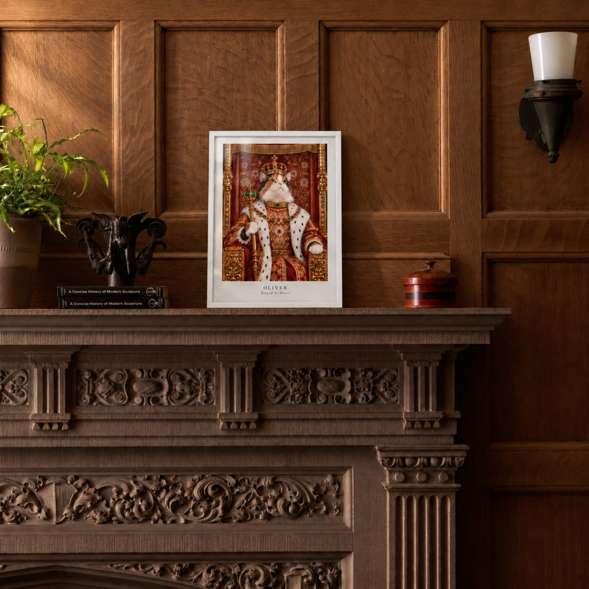 Custom cat portrait poster, Royal style, 12" x 16", White frame, on a mantel at true size