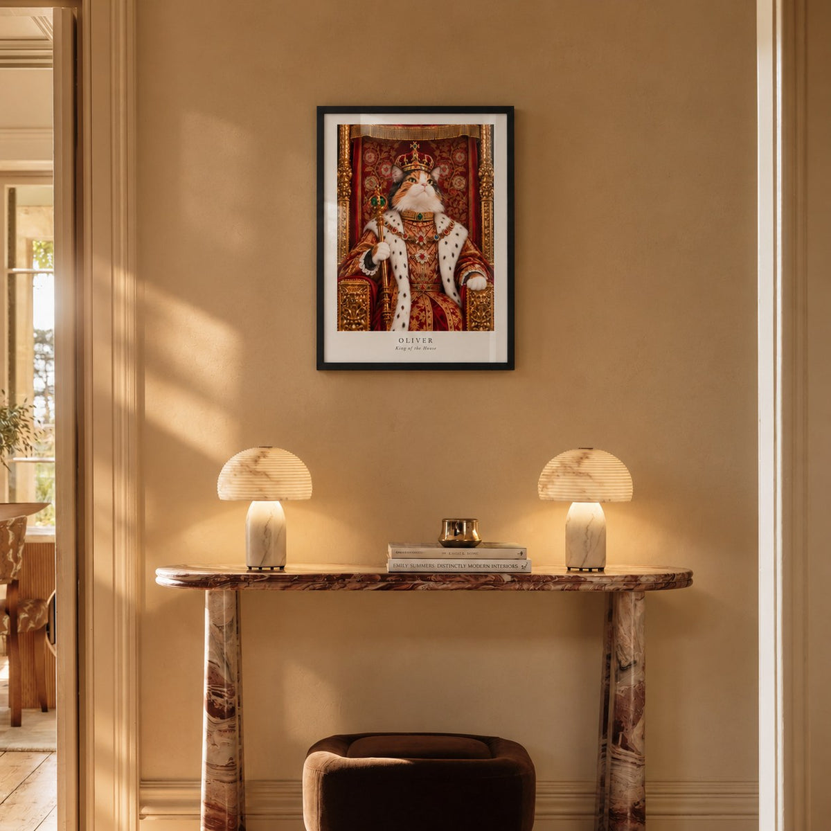 Custom cat portrait poster, Royal style, 18" x 24", Black frame, above a console at true size