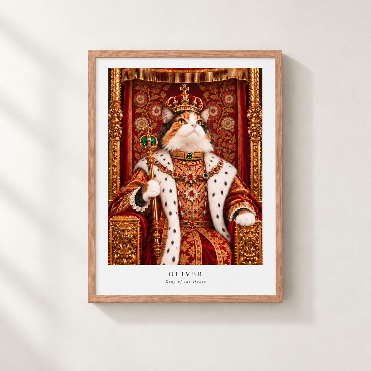 Custom cat portrait poster, Royal style, 18" x 24", Oak frame, front
