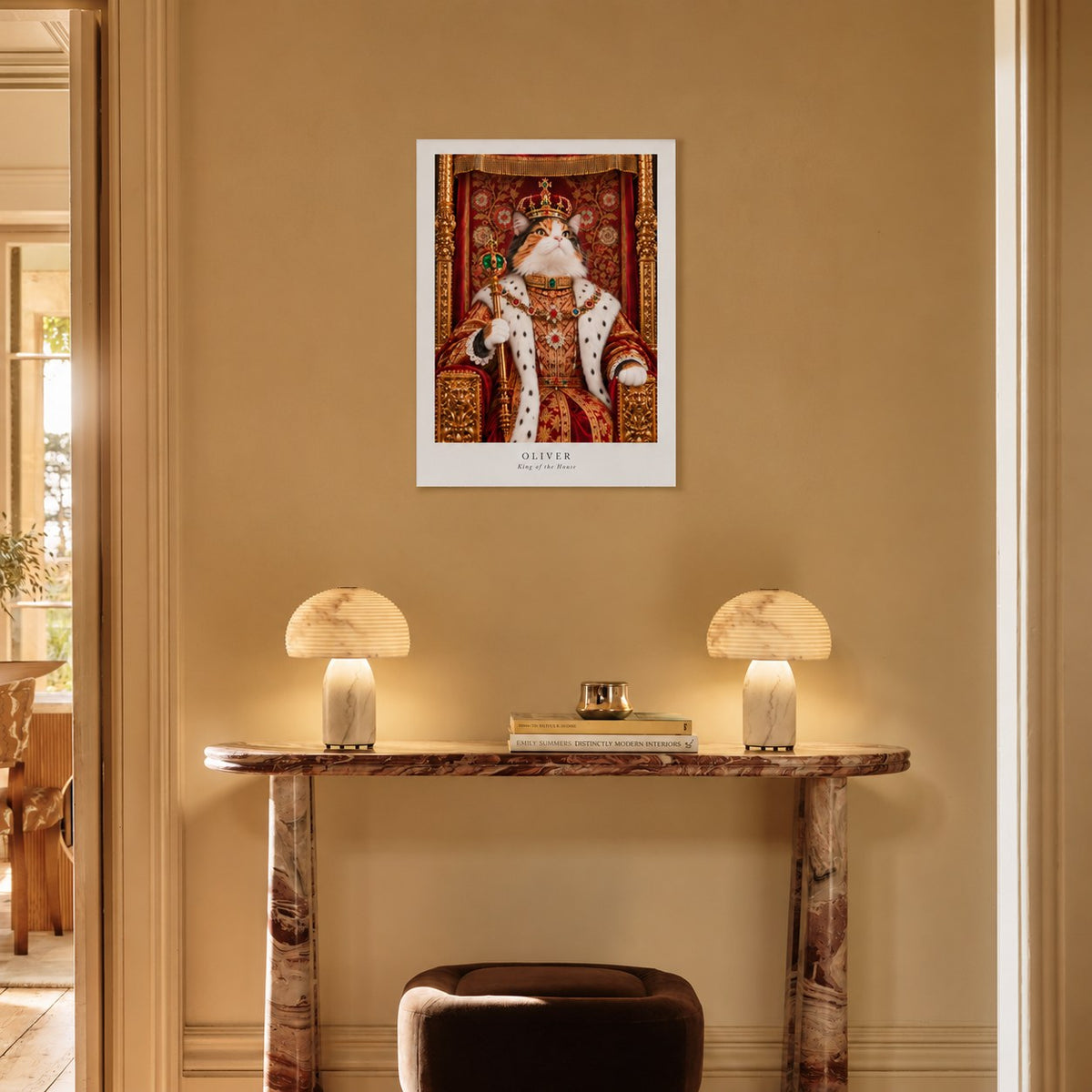 Custom cat portrait poster, Royal style, 18" x 24", Unframed, above a console at true size