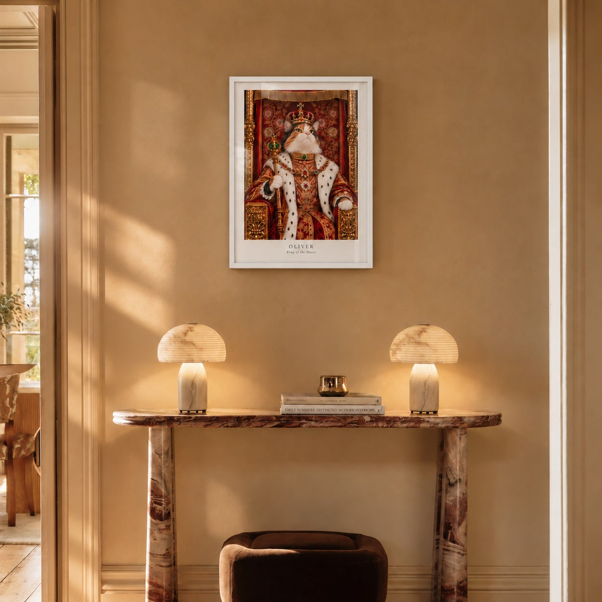 Custom cat portrait poster, Royal style, 18" x 24", White frame, above a console at true size