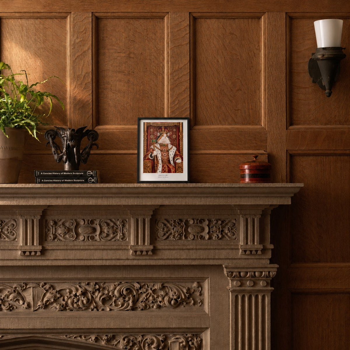 Custom cat portrait poster, Royal style, 8" x 10", Black frame, on a mantel at true size