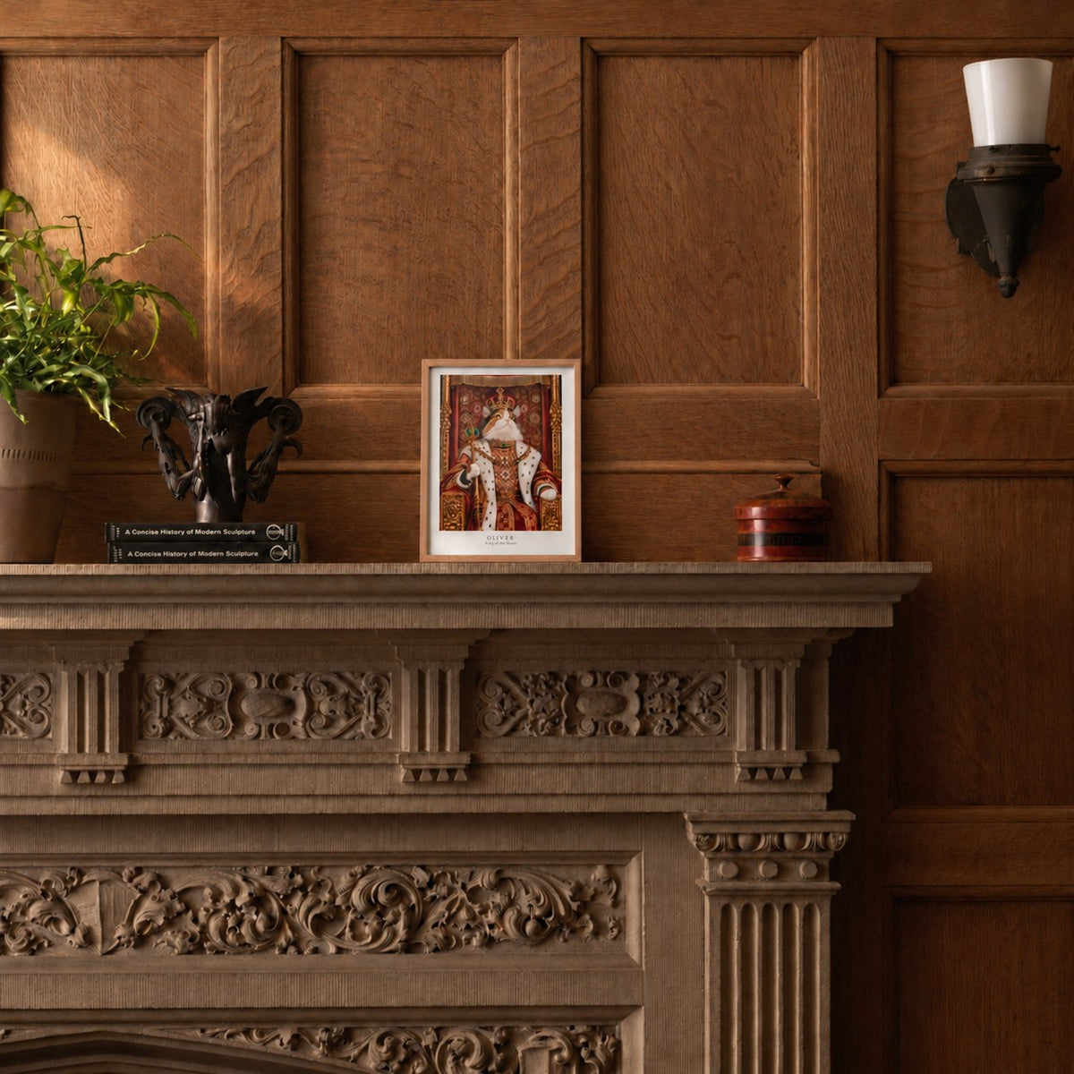 Custom cat portrait poster, Royal style, 8" x 10", Oak frame, on a mantel at true size