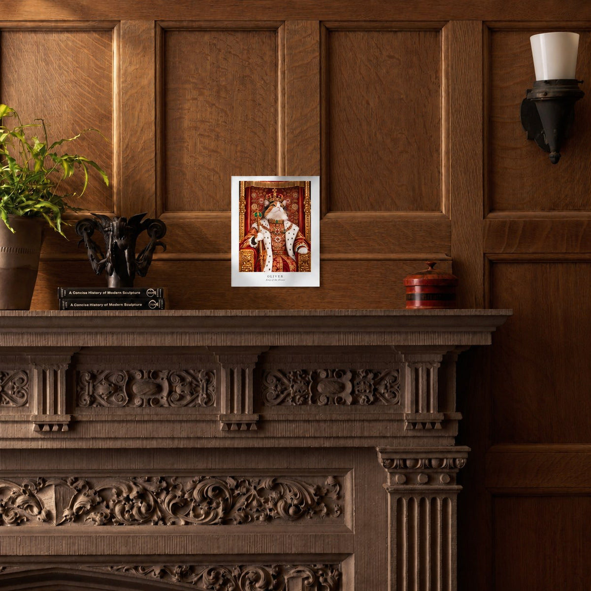Custom cat portrait poster, Royal style, 8" x 10", Unframed, on a mantel at true size