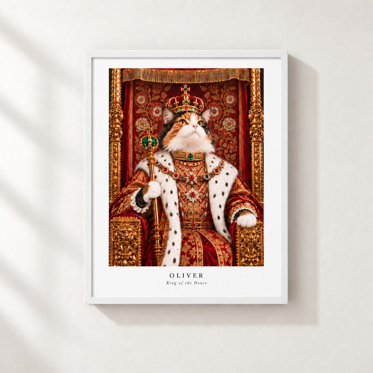 Custom cat portrait poster, Royal style, 8" x 10", White frame, front