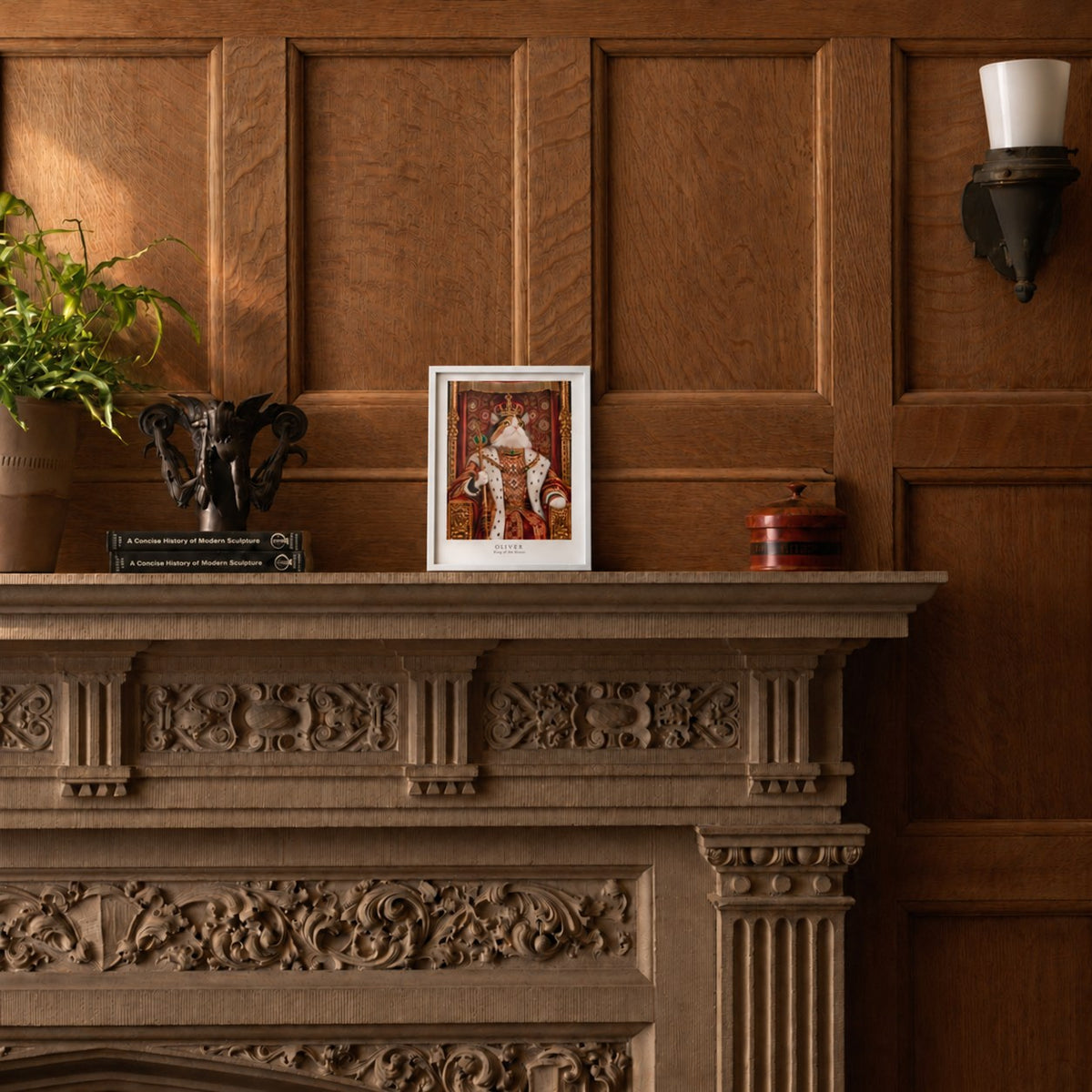Custom cat portrait poster, Royal style, 8" x 10", White frame, on a mantel at true size