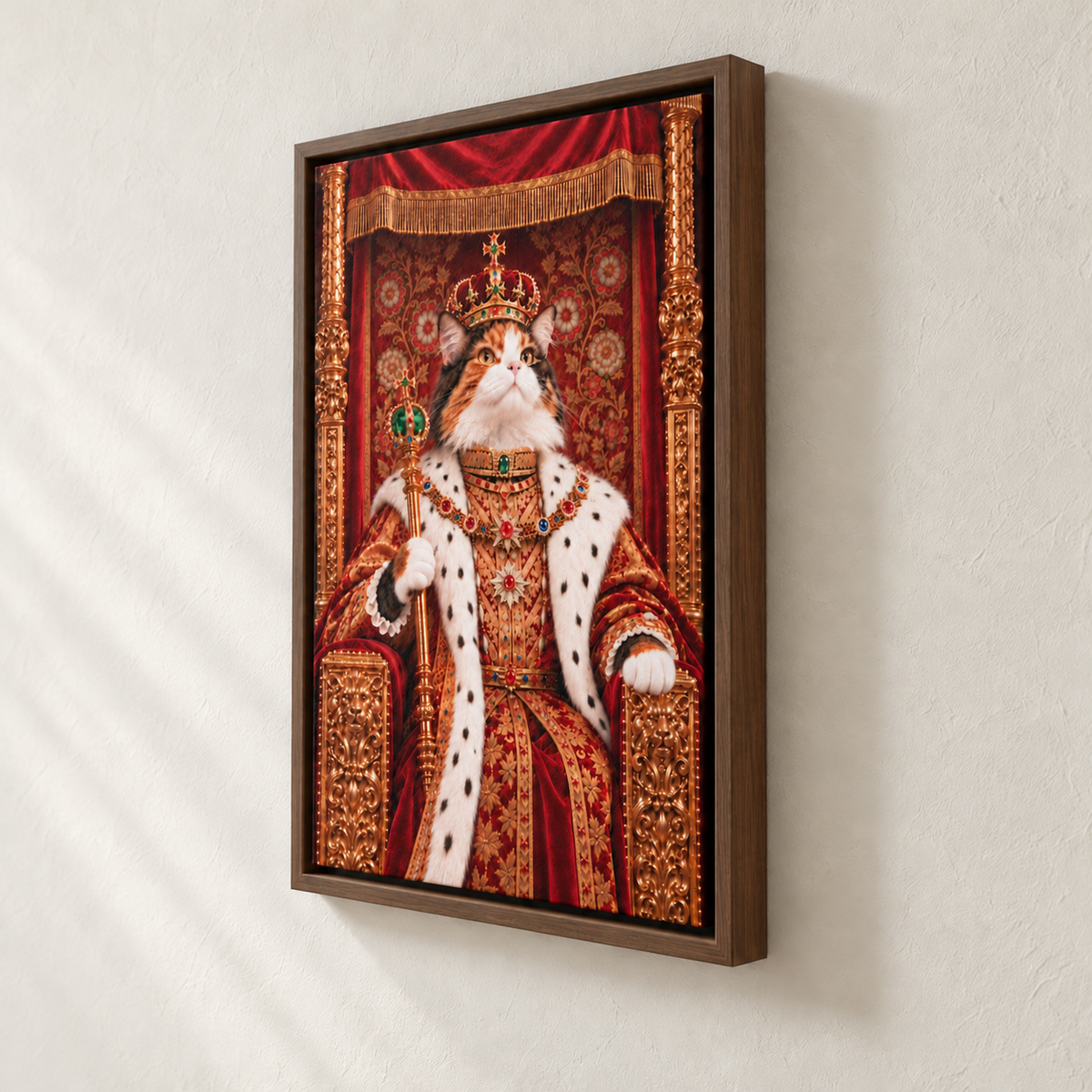 Royal cat portrait canvas, 1 cat, 12" x 18", Brown frame, side view showing the depth
