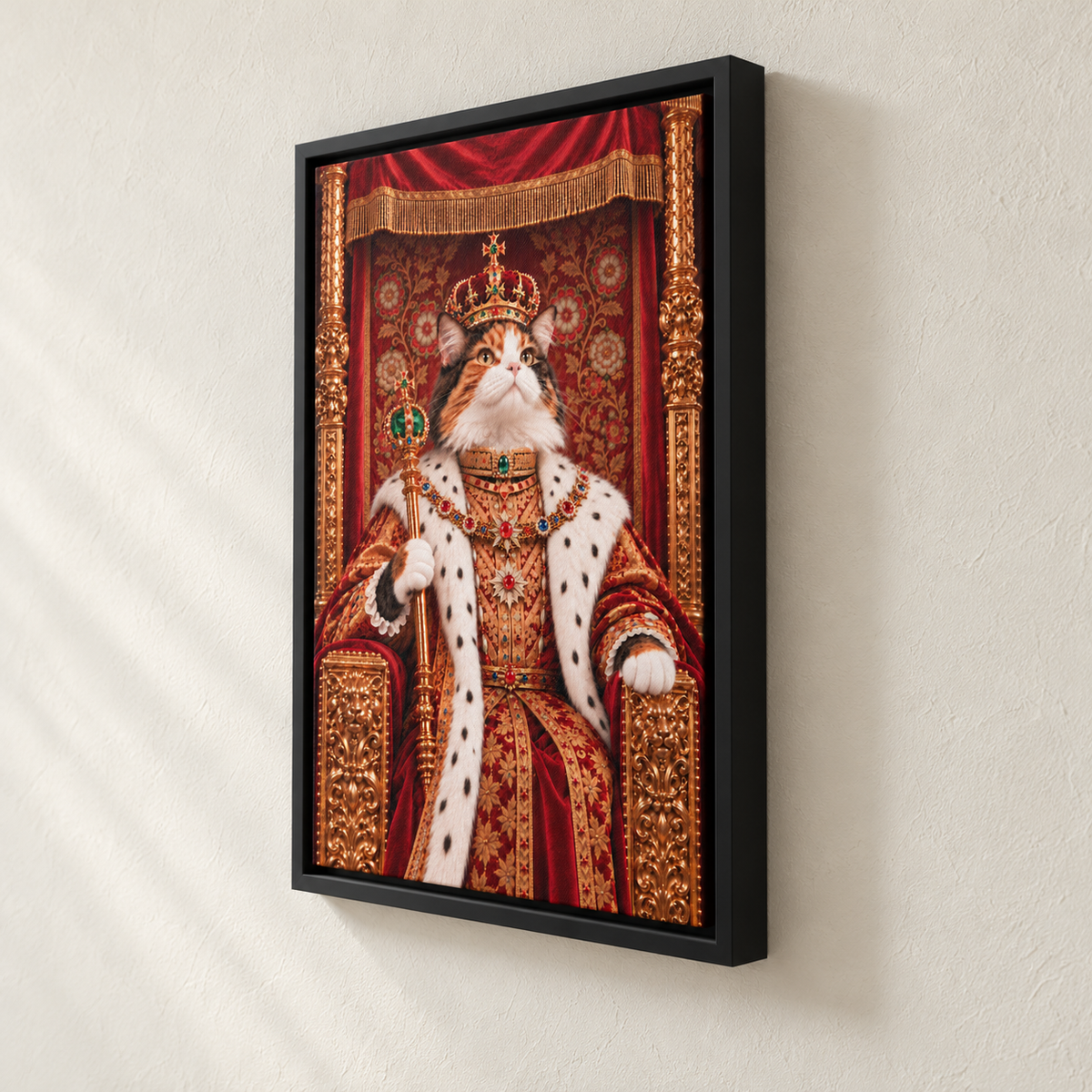 Royal cat portrait canvas, 1 cat, 12" x 18", Black frame, side view showing the depth
