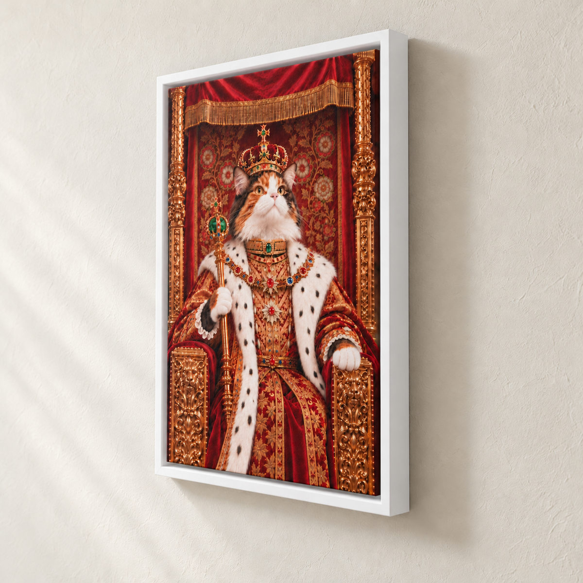 Royal cat portrait canvas, 1 cat, 12" x 18", White frame, side view showing the depth