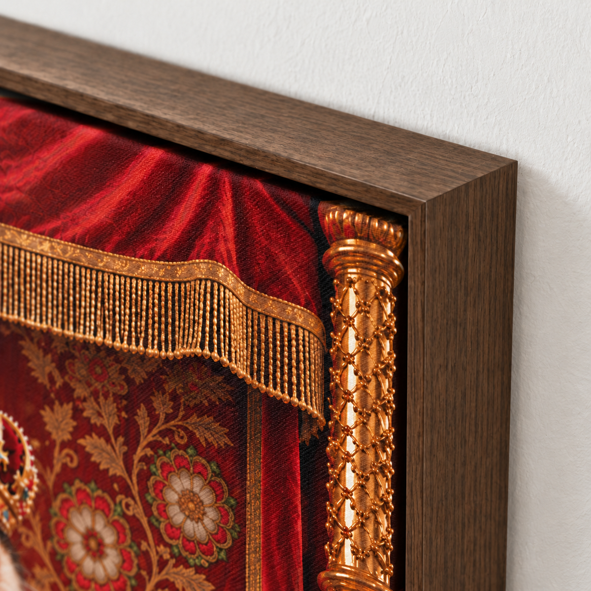 Royal cat portrait canvas, 1 cat, 12" x 18", Brown frame, frame corner close-up