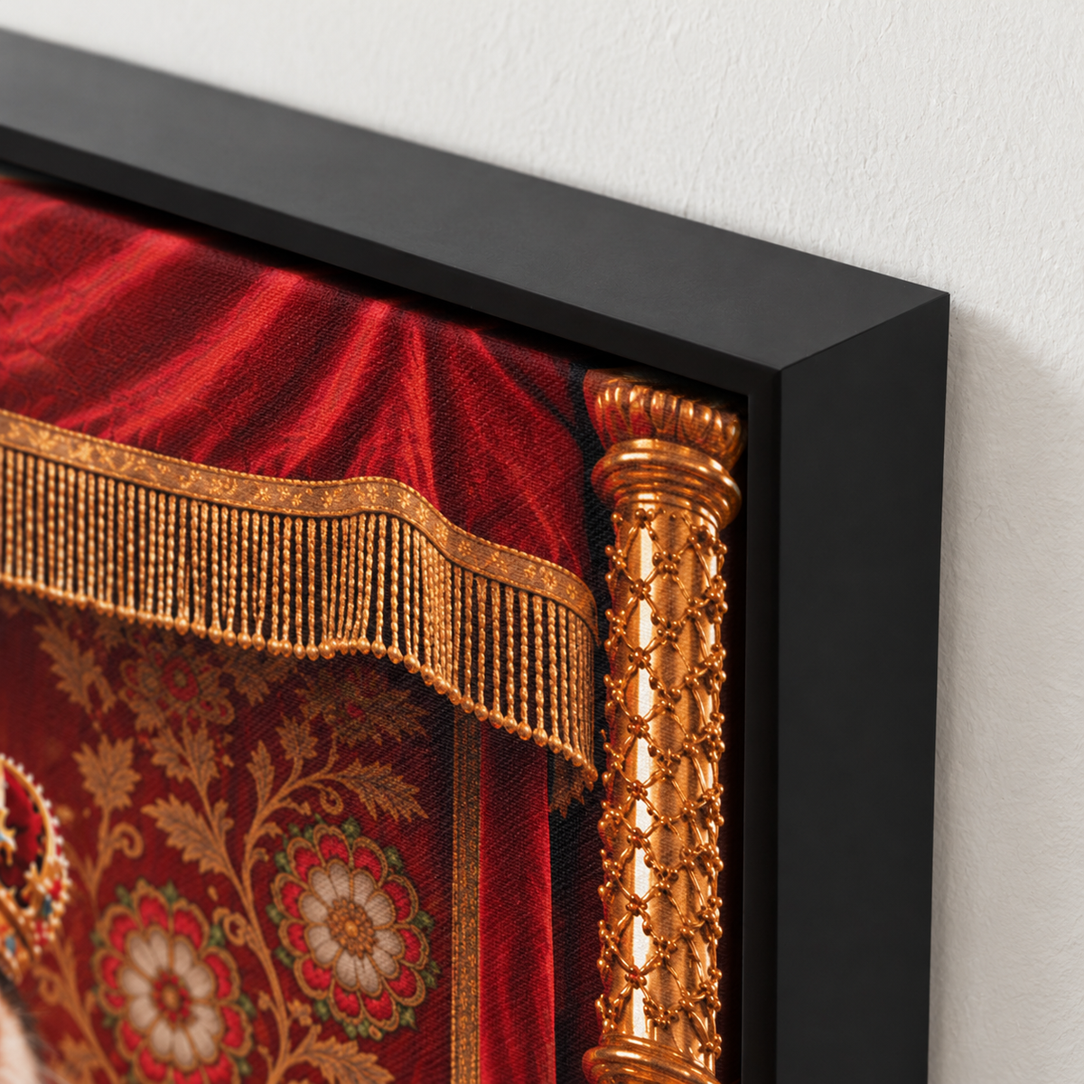 Royal cat portrait canvas, 1 cat, 12" x 18", Black frame, frame corner close-up