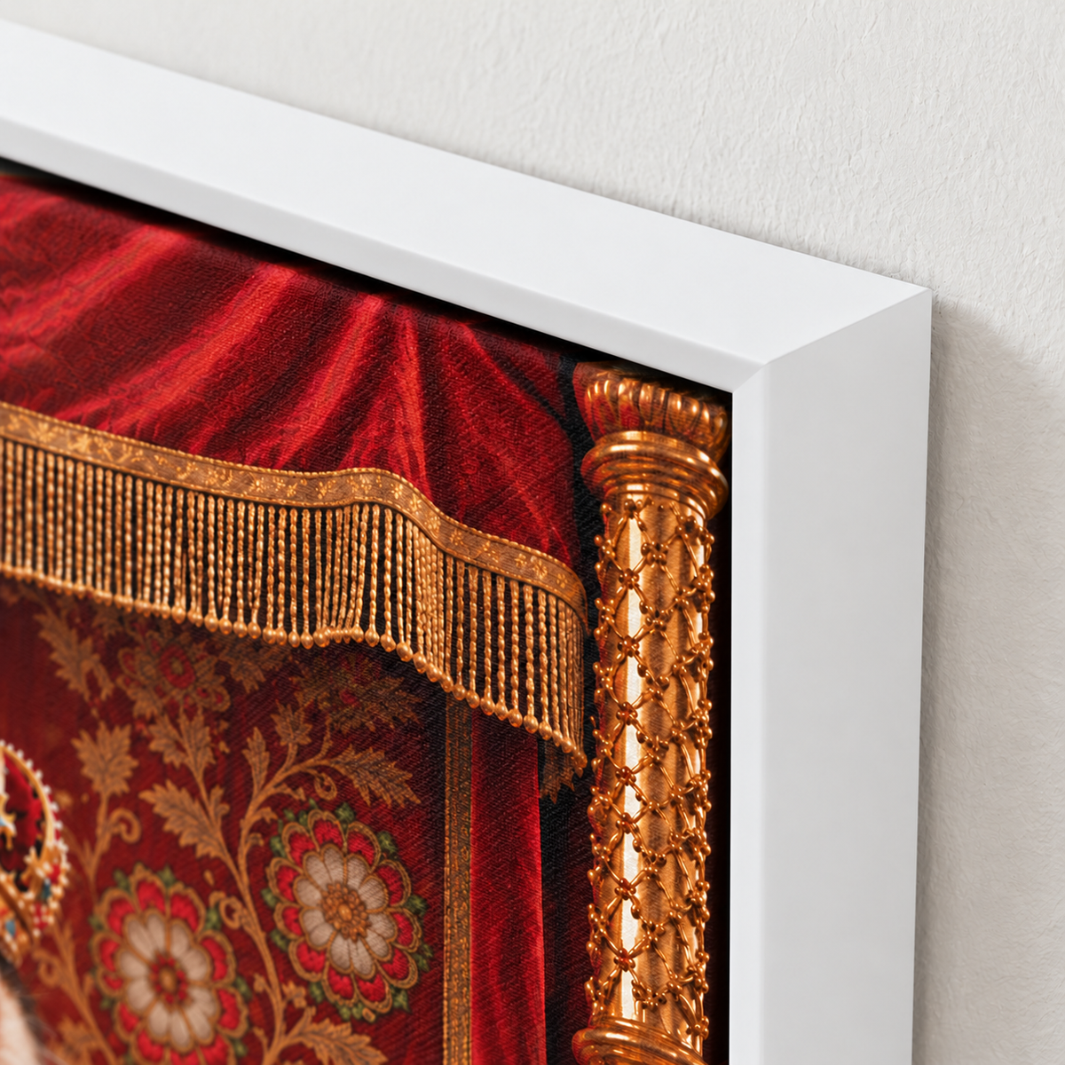 Royal cat portrait canvas, 1 cat, 12" x 18", White frame, frame corner close-up