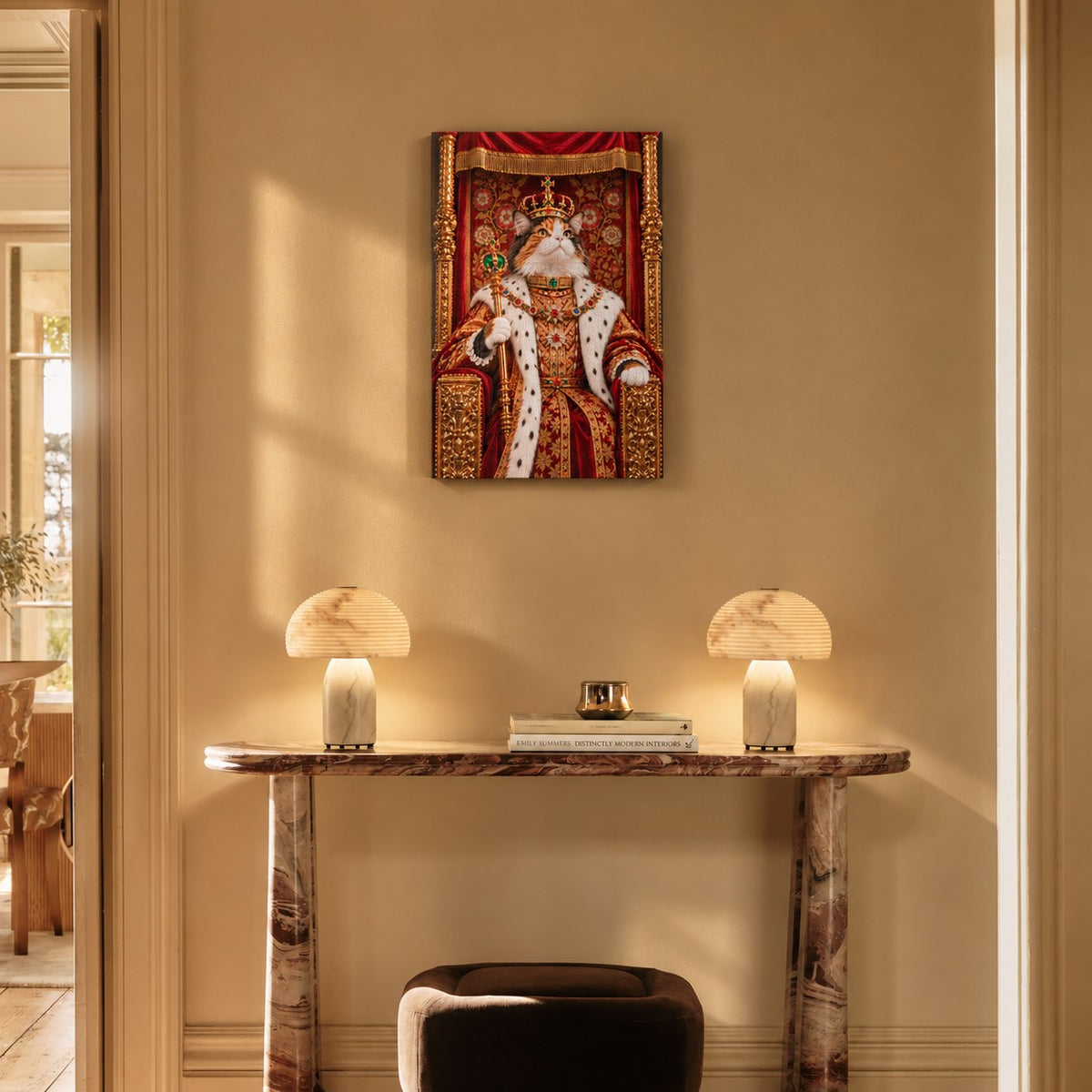 Royal cat portrait canvas, 1 cat, 16" x 24", Unframed, above a console at true size
