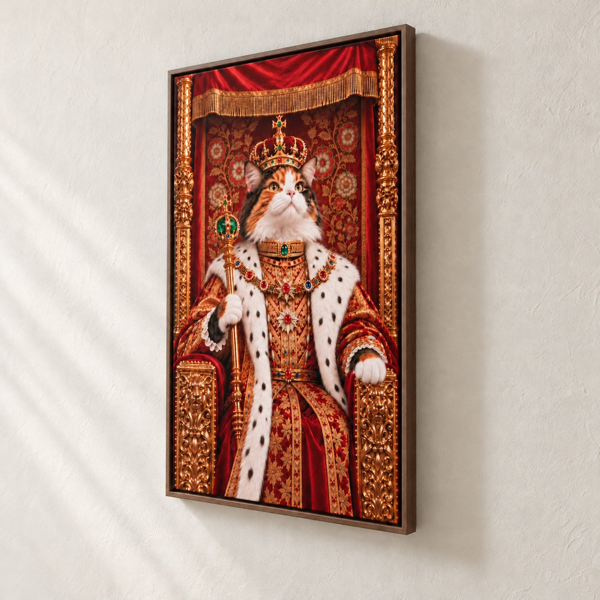Royal cat portrait canvas, 1 cat, 24" x 36", Brown frame, side view showing the depth